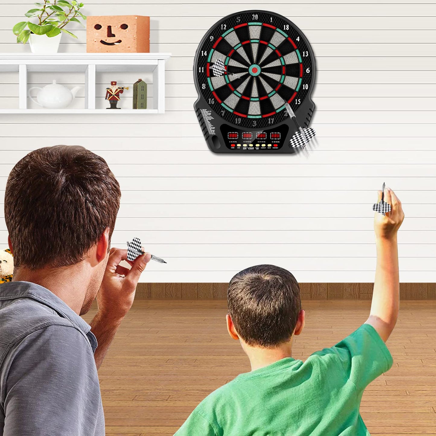 Electronic dartboard, E-Dart board with 4 LCD displays and charging adapter. Suitable for 6 darts and 24 dart heads. 27 games with 243 game options. Professional electronic dart game.