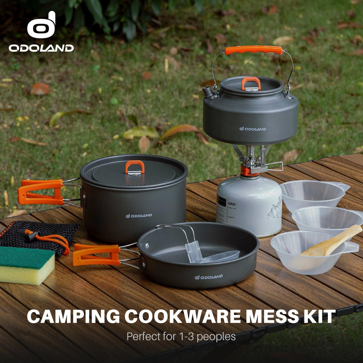 Odoland Camping Cookware Set, 10-piece outdoor dish set with camping pot 2.9L, camping frying pan 0.9L, and teapot 1.6L for camping, outdoor cooking, hiking, and traveling.