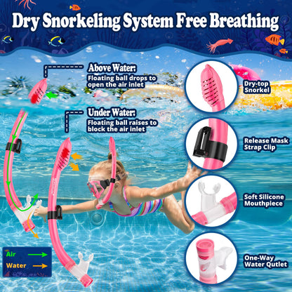 UPhitnis Kids Snorkel Set - Anti-Fog Dive Mask and Dry Snorkel - Leak-Proof Snorkel Mask - Snorkeling Gear for Boys Girls - Pink, Blue, Black, Yellow