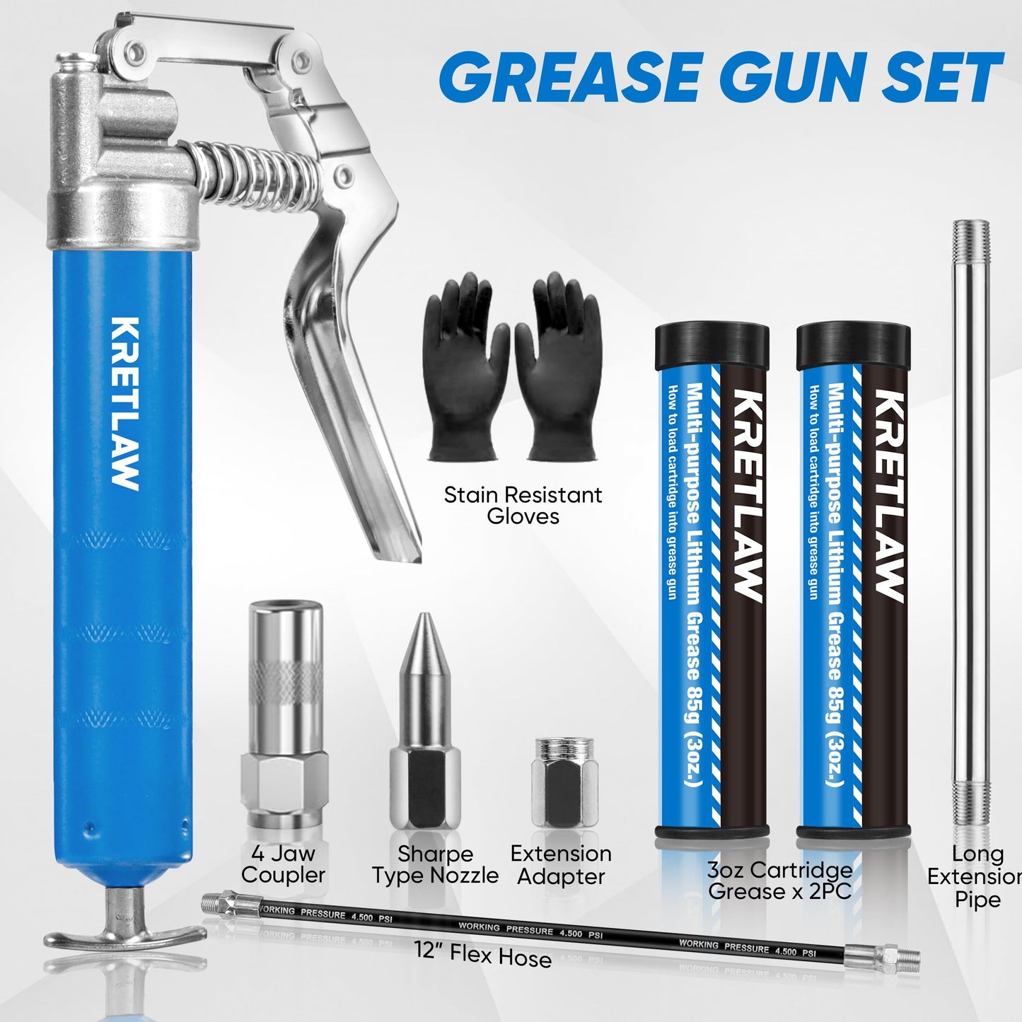 KRETLAW Mini Grease Gun Kit, small grease gun (3000 PSI) with dual 85g cartridge grease and 305mm flex hose, reinforced coupler for automotive and marine use.