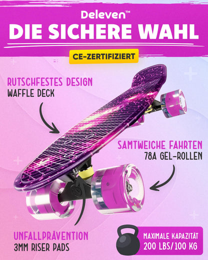 Deleven skateboard with LED wheels, skate tool, and ABEC 7 bearings - for kids, adults, beginners - 56 cm.
