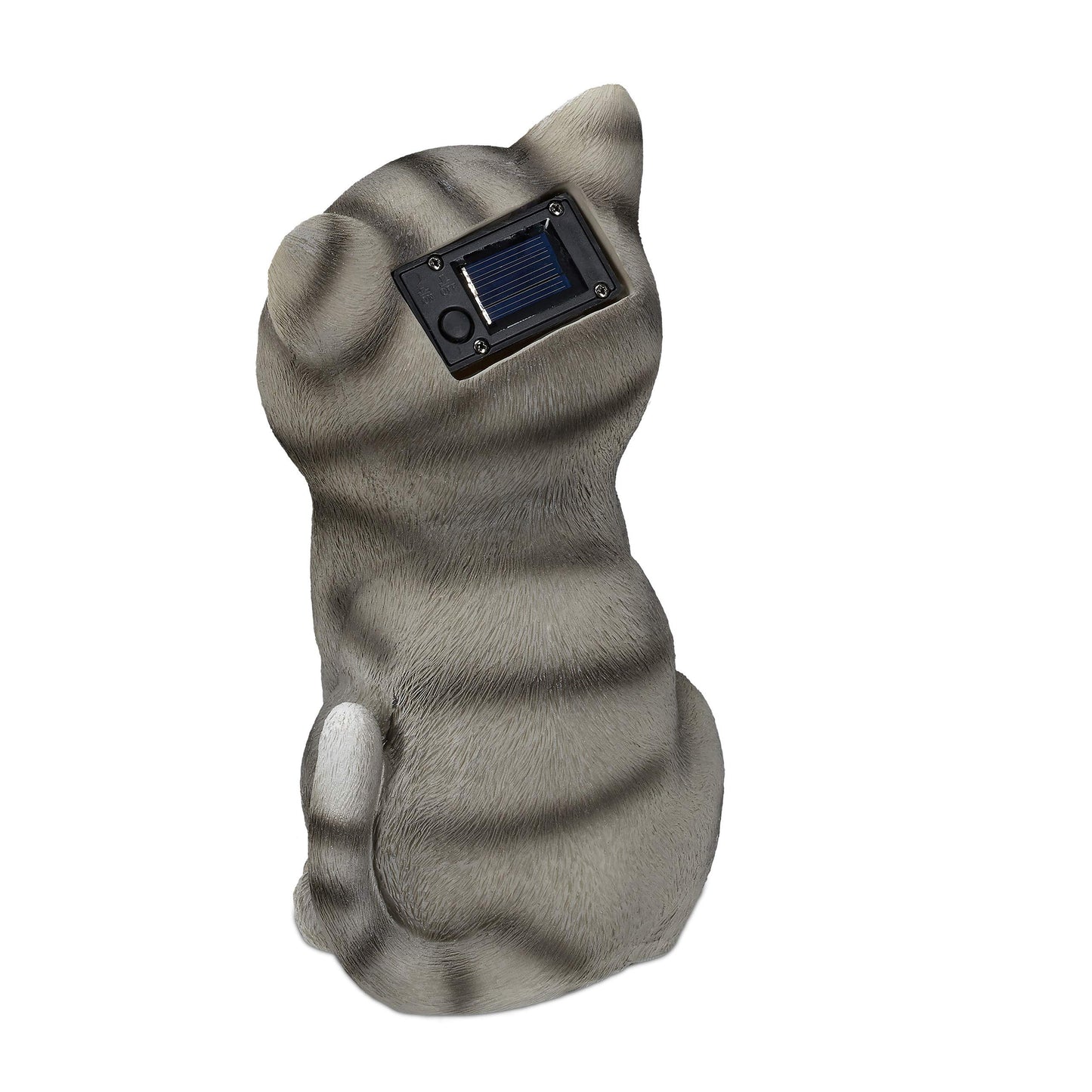 Relaxdays 4 x Garden Figurine Cat, Figure with LED Solar Eyes, Resin, Decoration for Garden, Balcony, HxWxD 23 x 12 x 14 cm, Grey