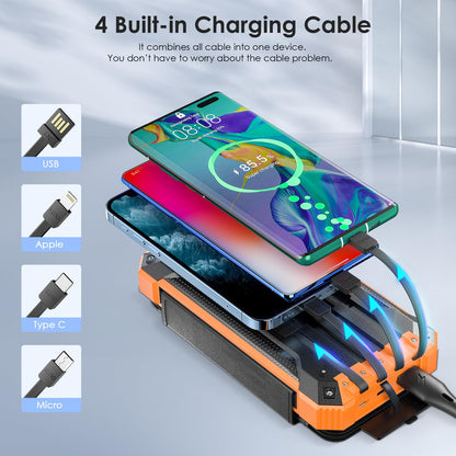 Sckolaink Solar Powerbank, 32000mAh with 4 charging cables, wireless charging, USB/Type-C input, 2 outputs, LED flashlight. Solar charger for phones and tablets.