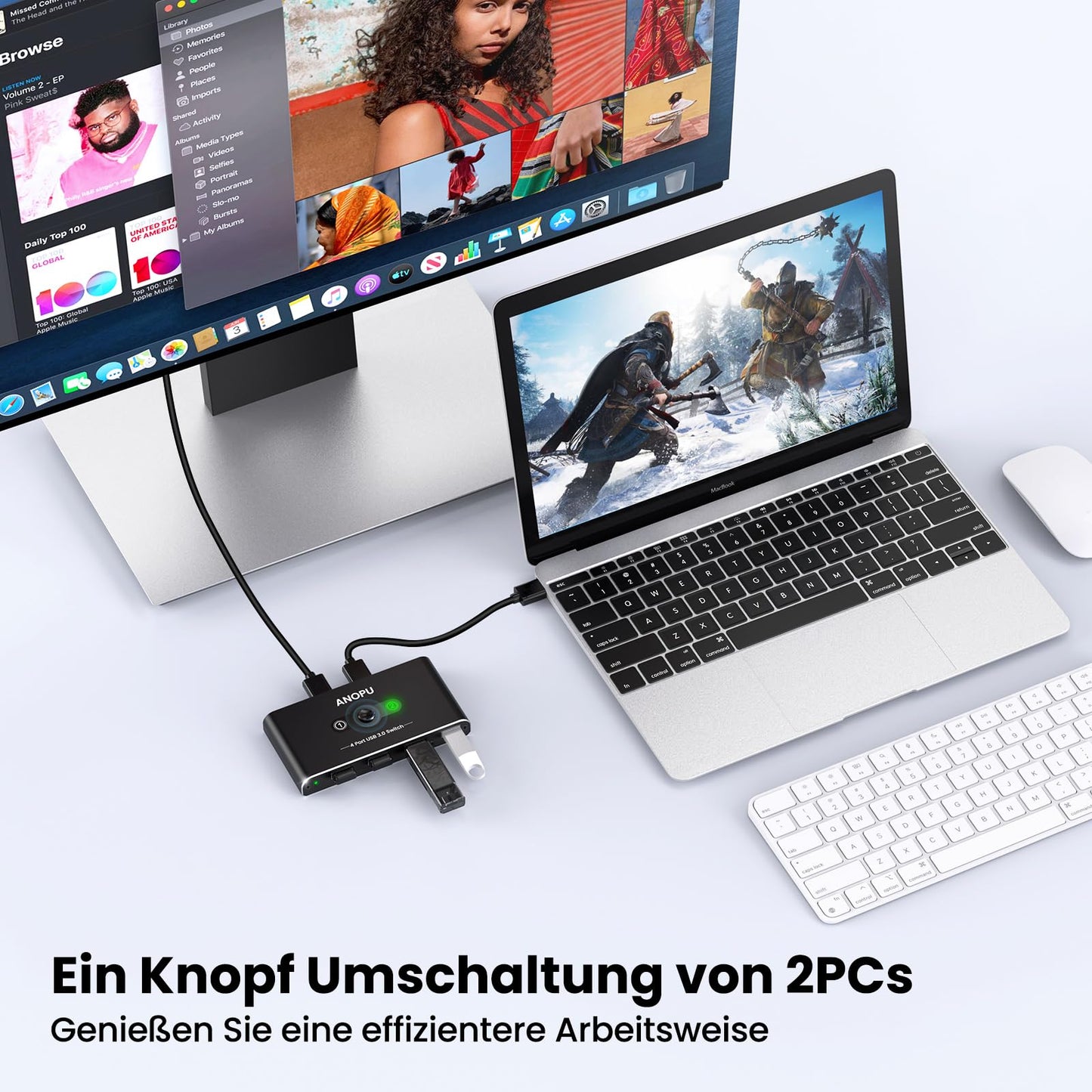 Aluminum USB KVM 3.0 Switch - 2 inputs 4 outputs with 2 high-speed cables - for 4 USB devices like mouse, keyboard, printer, hard drive, flash drive, headsets.