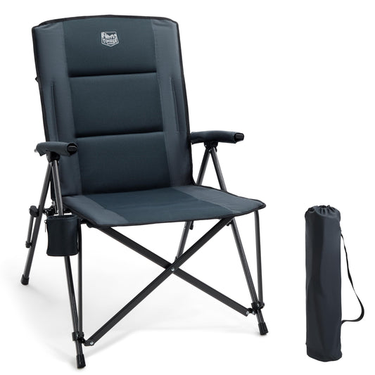 TIMBER RIDGE folding camping chair with wide 55cm seat, XXL padded backrest, and side pocket. Supports up to 150kg, perfect for camping, garden, balcony.