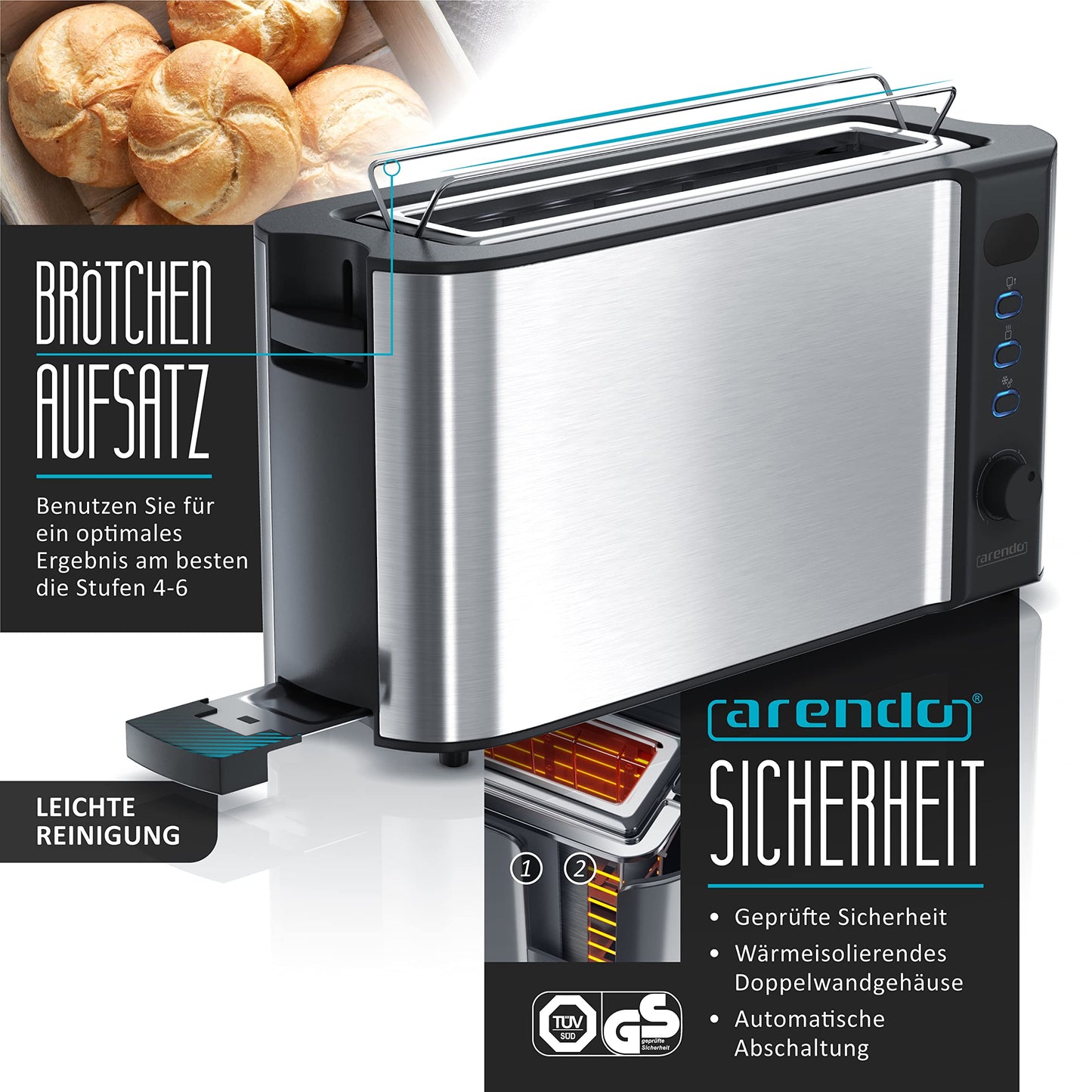 Arendo - Kettle with Toaster SET, Stainless Steel Glass Kettle with Tea Infuser + Temperature Control 1.7 L - Stainless Steel 2 Slice Long Slot Toaster Stainless Steel Egg Cooker for 1-3 Eggs