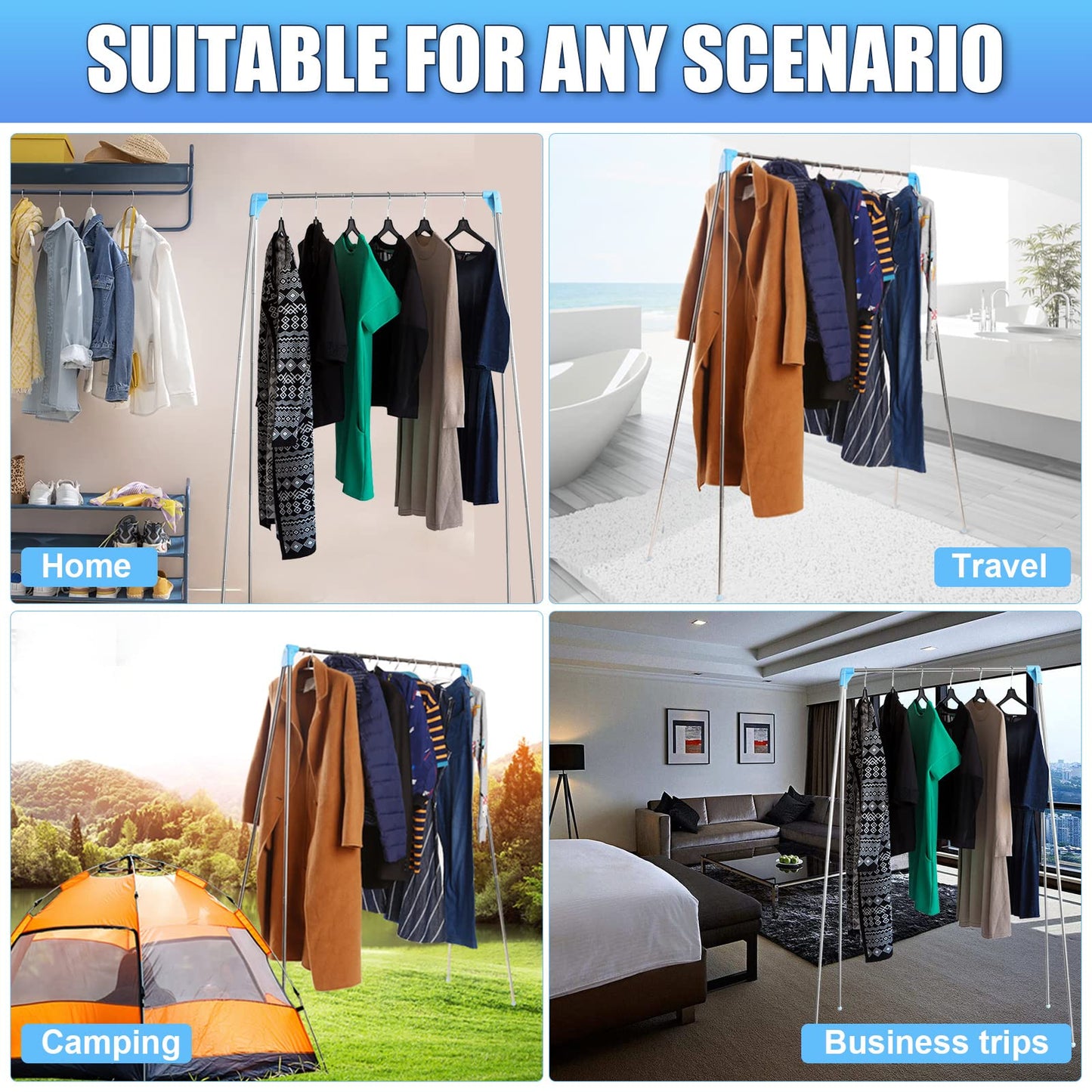 Folding Portable Clothes Rack, Extendable Clothes Pole, Adjustable Travel Clothes Stand, Lightweight Clothes Rack for Travel, Dance, Camping, Laundry