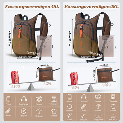 BECOJADDE 18L Hiking Backpack Men Small Backpack Women Lightweight Daypack Foldable Trekking Pack for Camping Outdoor Hiking Travel Chocolate Brown