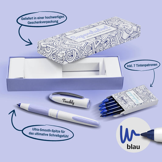 Teachly Superstudent Fountain Pen - Refillable pen for college, school & office (Lilac) - Includes 7 ink cartridges (Blue)