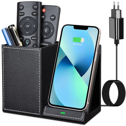 LADSTAG pen holder desk organizer with inductive charging station, office supplies 10W wireless charger for iPhone 14 13 12 11 Pro Max and Samsung Galaxy S23/S22/S21/S20/S9 (Black)