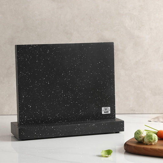 Zayiko Magnetic Knife Block without Knives - Wood in Marble Look - Kitchen Organizer with Dual Magnetic Strips with Non-Slip Feet - for up to 12 Knives - Magnetic Knife Holder without Knives