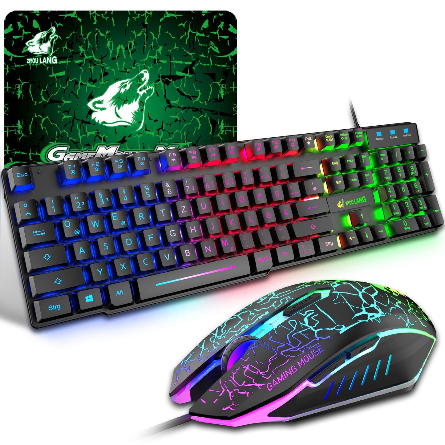 Gaming Keyboard and Mouse Set, QWERTZ German Layout Rainbow LED Backlight Ergonomic Keyboard 6 Buttons 2400 DPI Mouse and Mousepad, USB Wired, Compatible with PS4 Xbox, Black