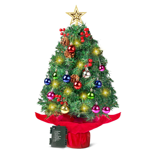 JOIEDOMI 24"/2FT Pre-lit Tabletop Christmas Tree with warm lights, holly berries, and pine cones for a beautiful Christmas decoration.