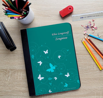 CreaDesign customizes A4 folder for kids 26.7x32.7x1 cm, with 10 clear pockets, expandable to 20, Butterfly Petrol design, document holder for students.