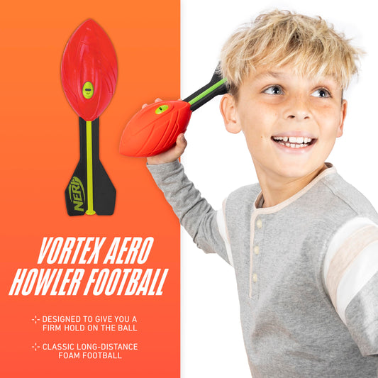 NERF Vortex Aero Howler Foam Ball - Classic long-distance football with flight-optimizing tail, hand grip for indoor and outdoor fun.
