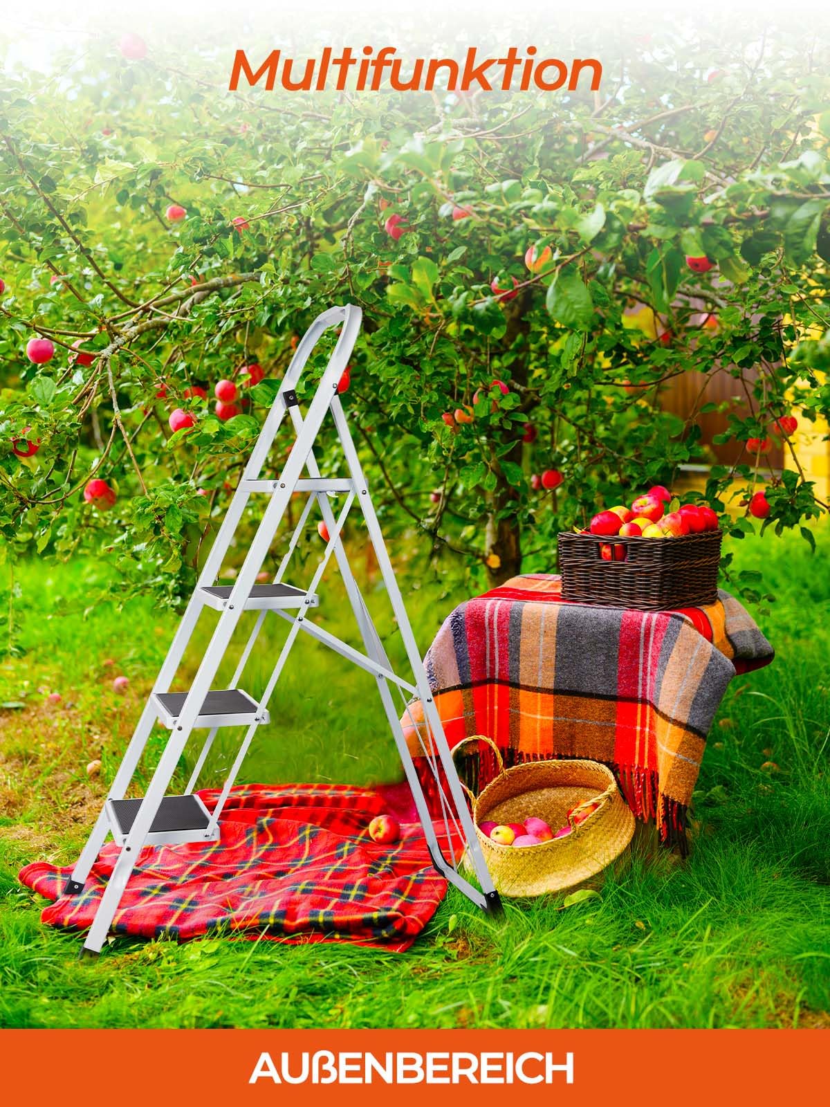 HOUSE DAY Folding 4 Step Ladder with Handle, Step Ladder for Kitchen Home Outdoor Adults, Non-Slip Folding Step Stool for Household and Office, Foldable Ladder Load Capacity up to 150 kg