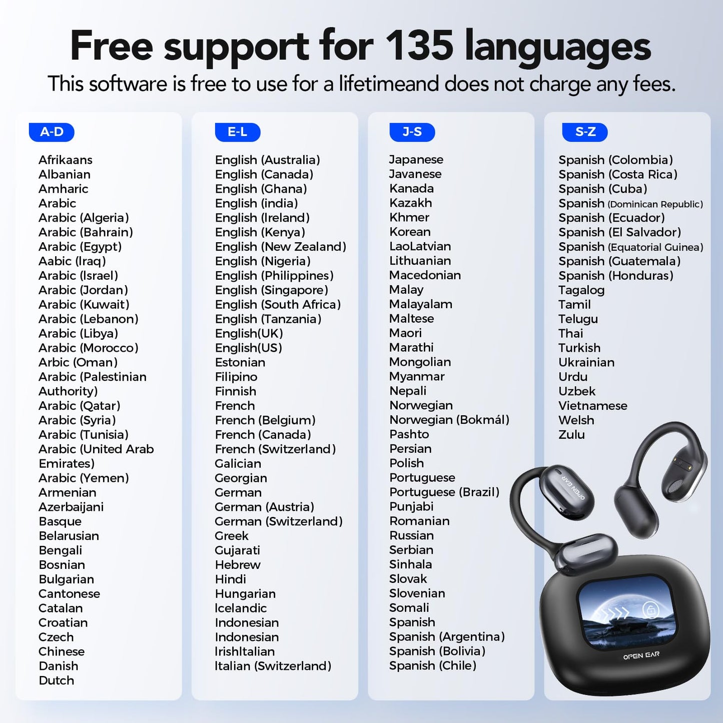 Ki Translator headphones, XP2 translation headphones with real-time translation, 135 languages headphone translator real-time, Touchscreen open ear headphones for iOS and Android, Travel and business.