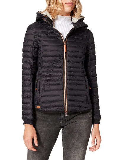 camel active women's lightweight quilted jacket with removable hood in black, size 44.