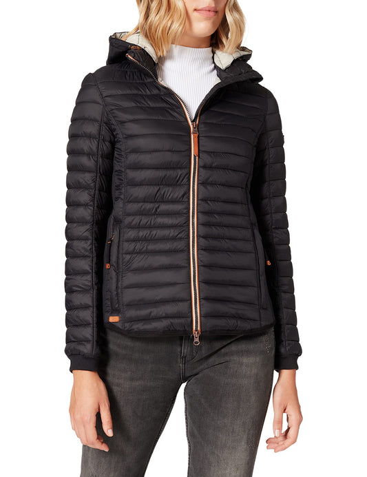 camel active women's lightweight quilted jacket with removable hood in black, size 44.