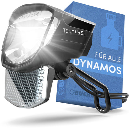 BÜCHEL Tour Dynamo Lamp with stand light and StVZO approval | 45 LUX front bike lamp, LED stand light, bike headlight, LED front bike light, Black
