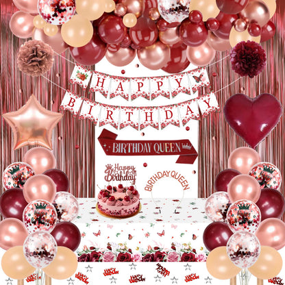 Birthday decoration, burgundy red rosegold party decor set with Happy Birthday banner, confetti balloons, sash and birthday crown, tablecloth, curtain, pom poms for women girls birthday decor.