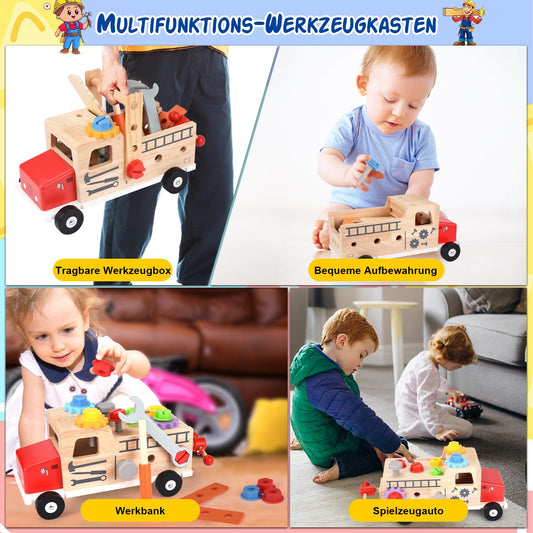 Toolbox for kids workbench, Montessori wooden toy kids toolset for ages 2 3 4, toy toolbox learning games tool kit kids tool cart gift boy girl 2 3 4 years.