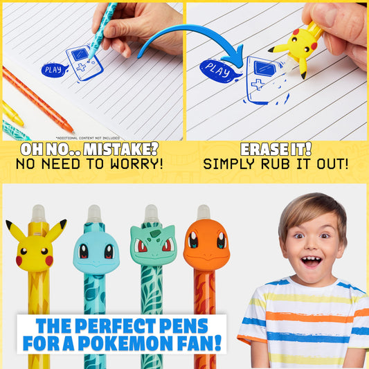 Pokemon Erasable Ballpoint Pen Kids 4-Pack Set Blue Ink Pikachu Rollerball with Eraser School Gifts for Boys and Girls