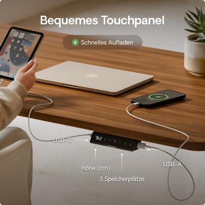Desktronic Homeone height-adjustable desk 140 × 70 cm - Electric desk with two electric motors, touchscreen control, and integrated USB-A and USB-C charging ports.