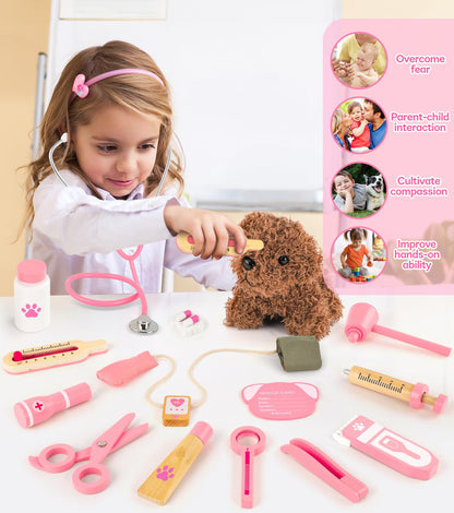 Ophy Kids Wooden Doctor Kit, Vet Toy for Kids with Plush Dog, High Simulation Stethoscope, Role-Playing Kids Vet Playset, Doctor Costume, Birthday Gifts for Girls Boys 3 4 5 6 Years.