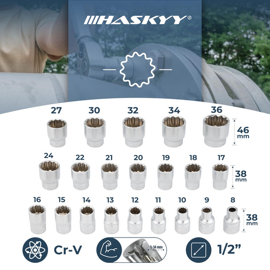 HASKYY Triple Square Nut Socket Set 1/2 Inch Nuts 12-Point Socket Wrench 8-36mm Set