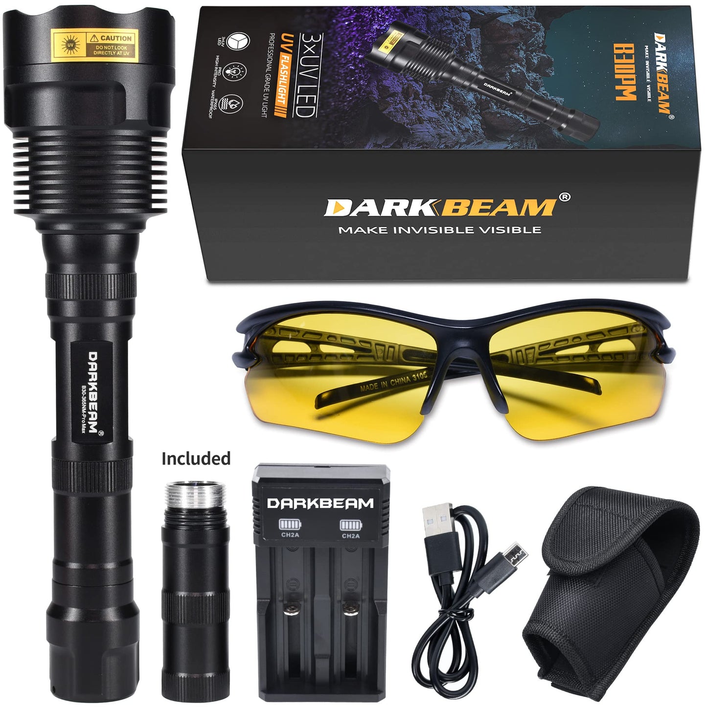 DARKBEAM UV Flashlight 365nm Ultraviolet Blacklight, LED light portable wood lamp, 36W powerful blacklight for detecting animal urine, leaks, minerals, uranium glass with 2 batteries, B30