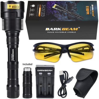 DARKBEAM UV Flashlight 365nm Ultraviolet Blacklight, LED light portable wood lamp, 36W powerful blacklight for detecting animal urine, leaks, minerals, uranium glass with 2 batteries, B30