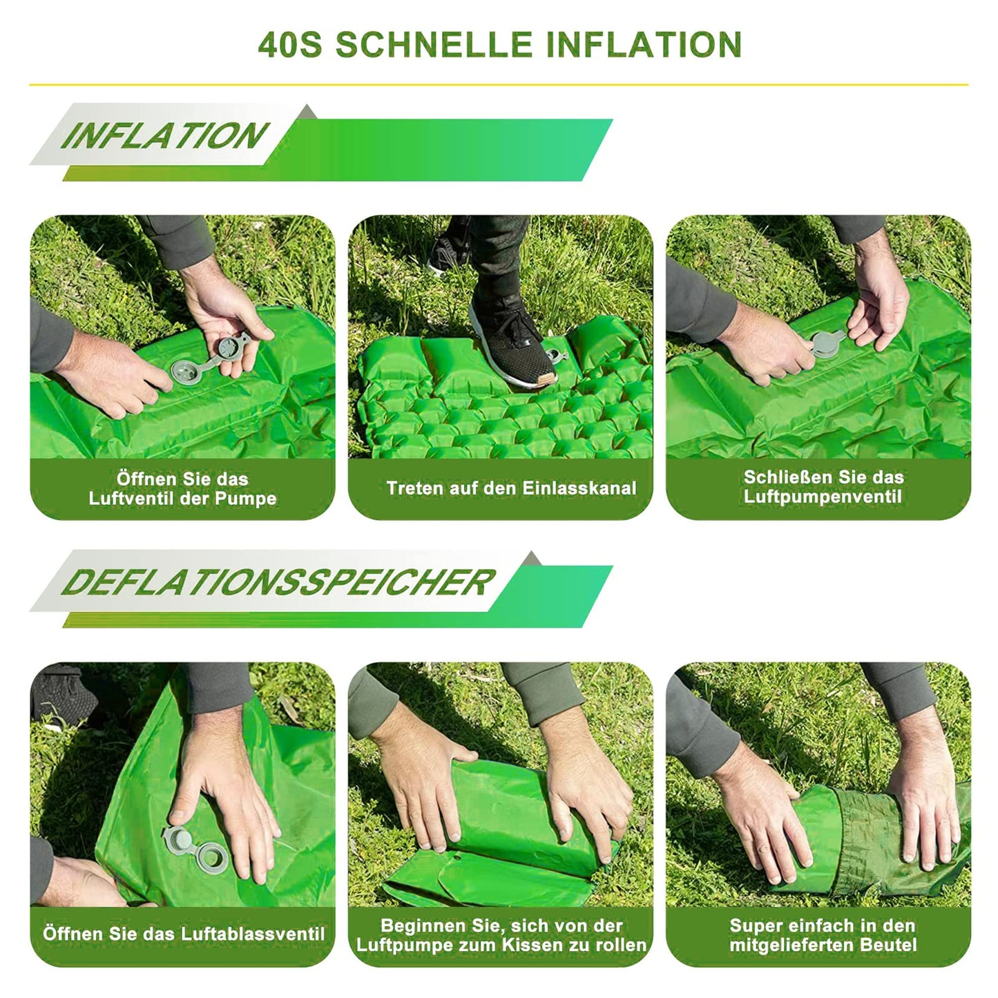 STURME Camping Mat Self Inflating Sleeping Pad with Foot Pump, Outdoor Inflatable Air Mattress Ultralight Sleeping Pad, Durable Mattress, Foldable Sleeping Mat with Pillow for Hiking, Outdoor - Green