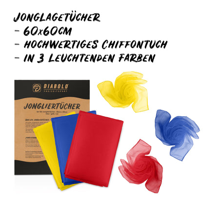Diabolo recreational juggling set for kids and adults with juggling clubs, juggling balls, scarves, plates including stick & juggling instructions - juggling set as a gift.