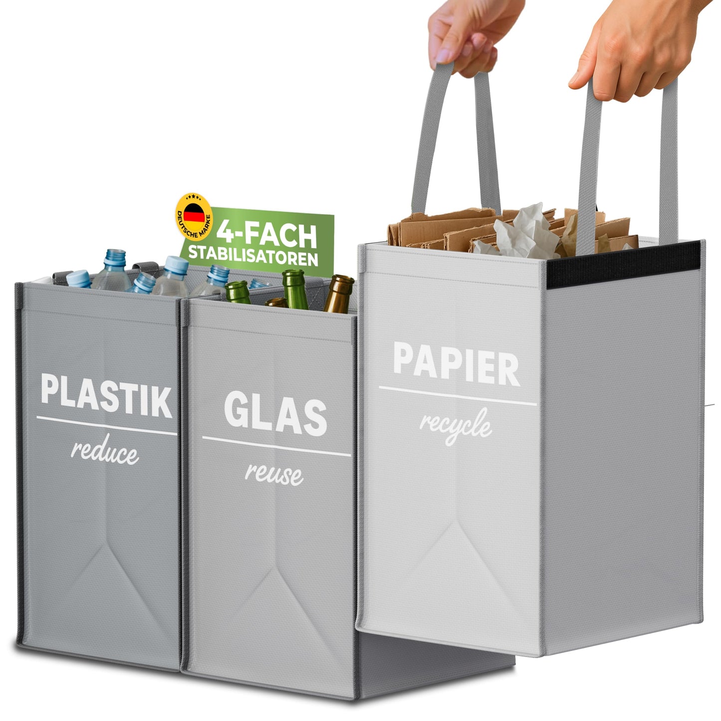 COTTARA® Waste Separation System 3-way Plastic, Glass, Paper | Stable Base with 4 Stabilizers | Ideal for separating waste, collecting deposit bottles, recycling bins, and paper collection | Gray