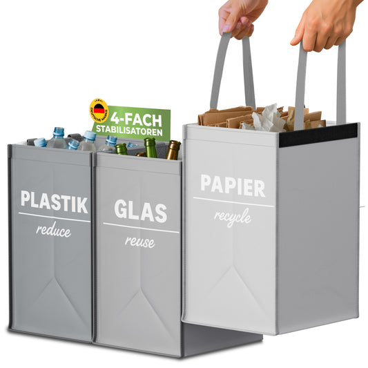 COTTARA® Waste Separation System 3-way Plastic, Glass, Paper | Stable Base with 4 Stabilizers | Ideal for separating waste, collecting deposit bottles, recycling bins, and paper collection | Gray