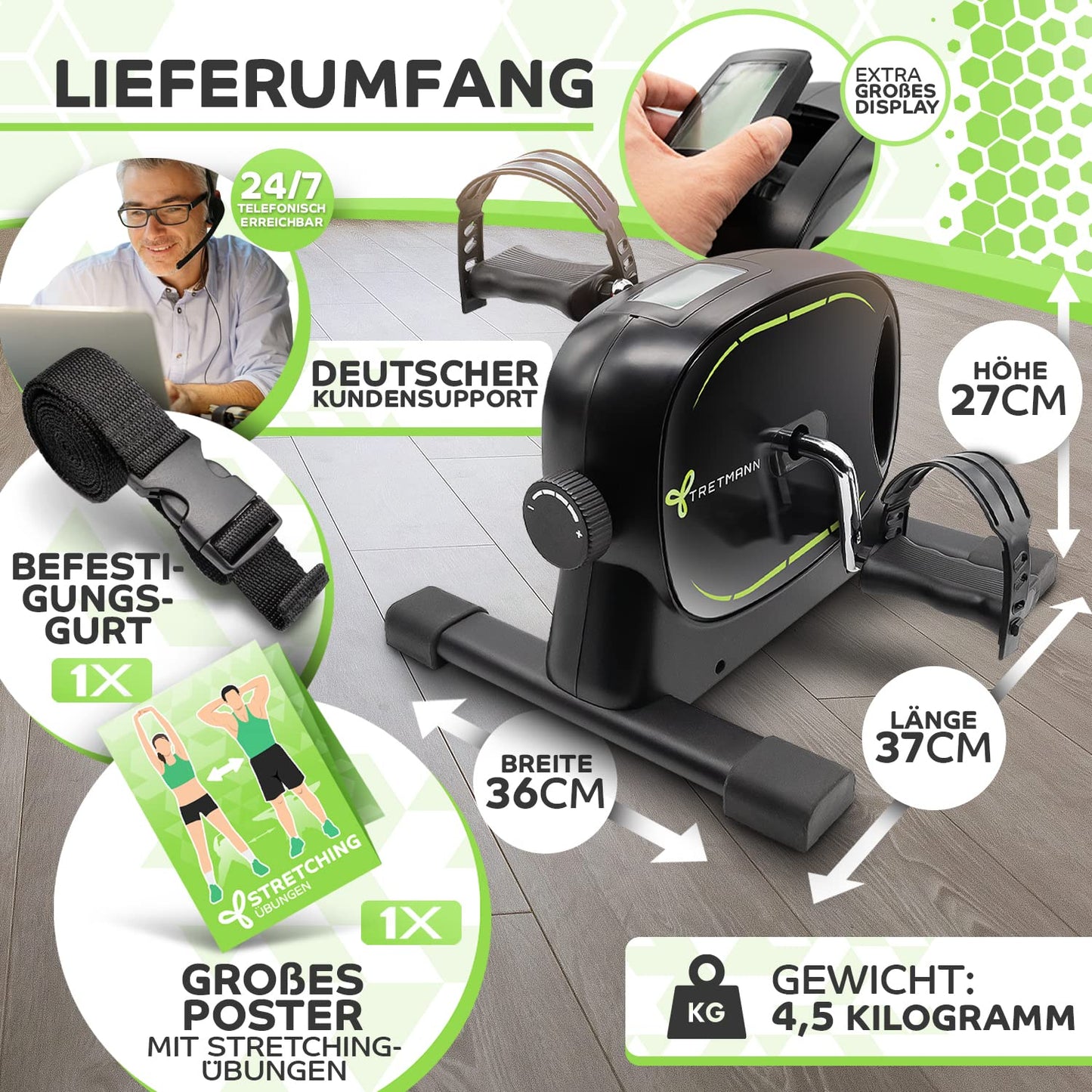New Tretmann Basic Pedal Trainer Set - extra stable & quiet - including fastening strap - DEKRA certified - Leg trainer for seniors home trainer mini bike Black Green