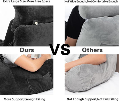Reading pillow extra large, 31 inches, bed rest pillow with removable neck roll and arms for sitting in bed or on the couch, back support, reading pillow, back pillow for adults, watching TV, black