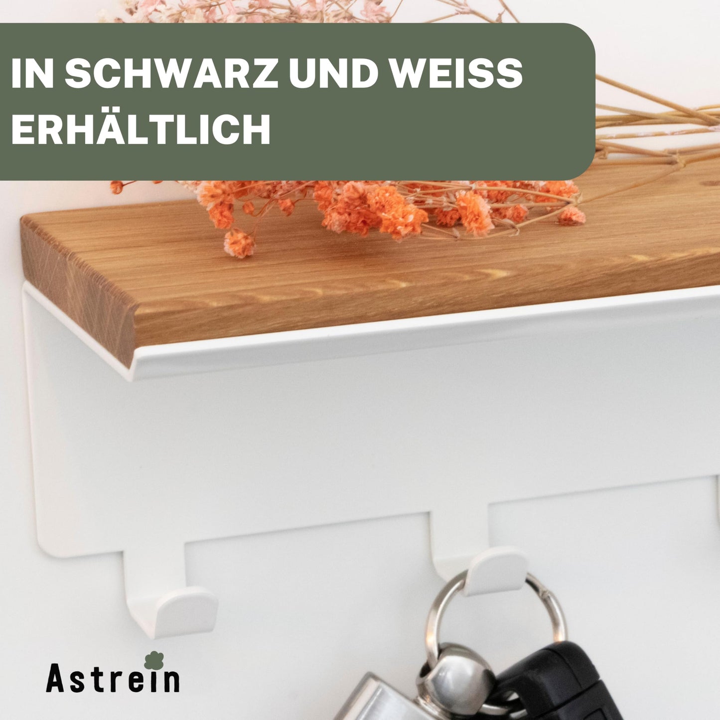 Clean® | Key rack with 6 hooks | Wooden key board | Oak | Wall organizer | Key box | Key holder with shelf | Key storage in black metal | 30x8x8cm