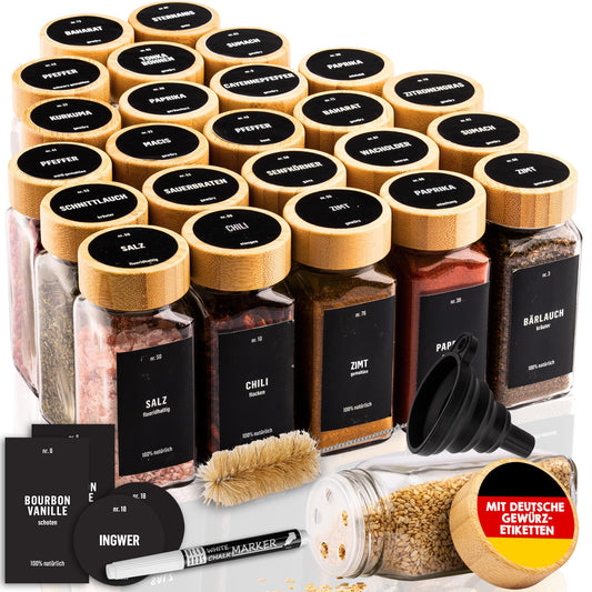 Deco House® 24-piece set of square spice jars with wooden lids [+ labels & sifter inserts] - Glass spice jar set - Spice container jars - Storage - Containers for spices - Spice storage.