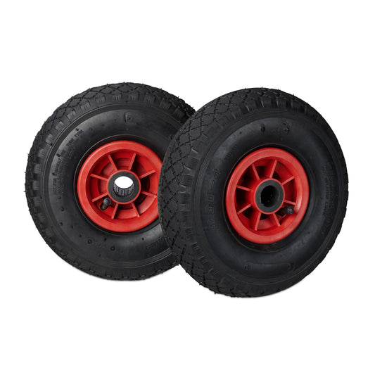 4 x hand truck wheel, 3.00-4, air-filled, spare wheel with plastic rim, 260x85mm, Ø axle 25mm, complete wheel, black-red