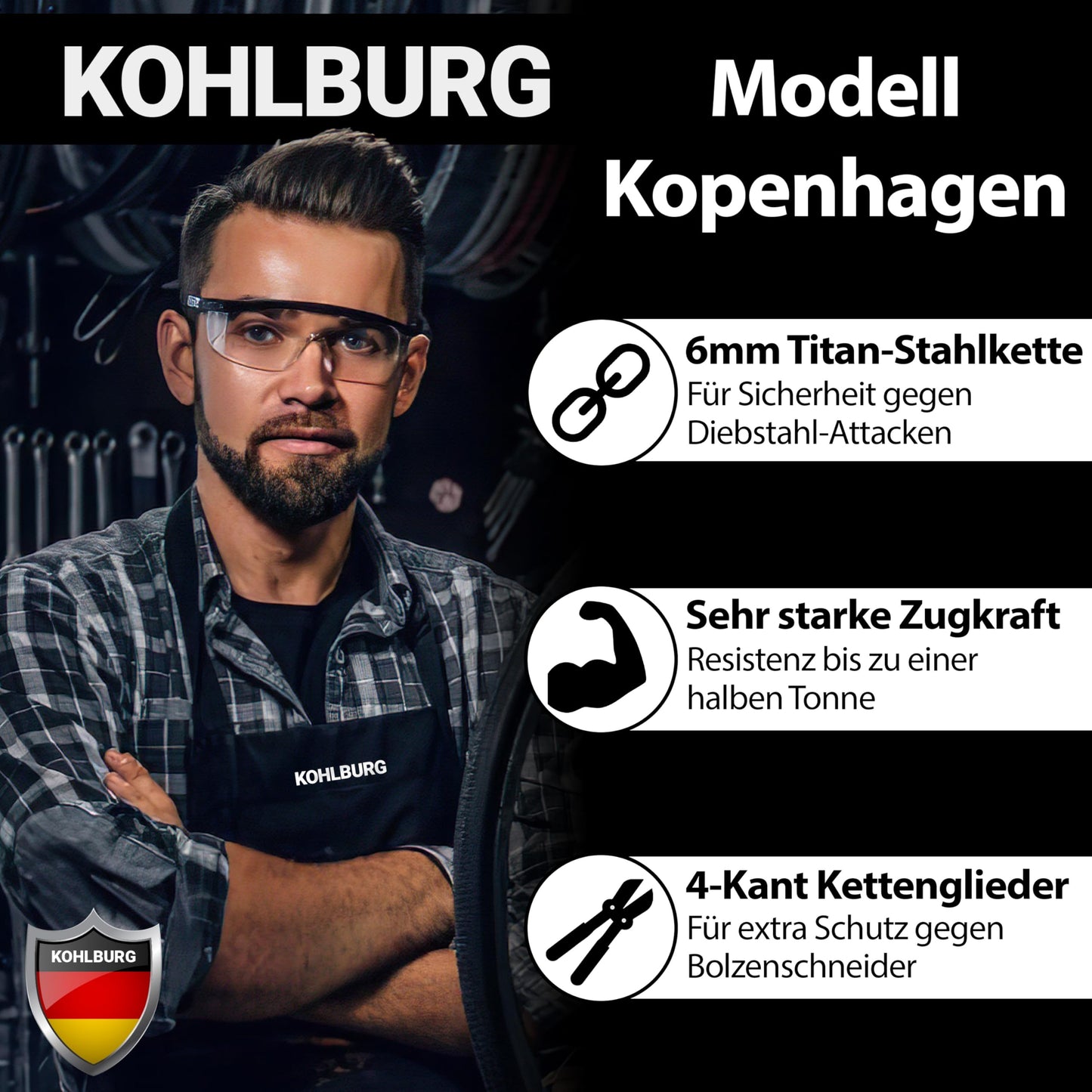 KOHLBURG chain lock bike [103cm long, 6mm thick titanium steel chain] - clickable bike lock with key [3x] also usable as e scooter lock & e bike lock - high security bike lock