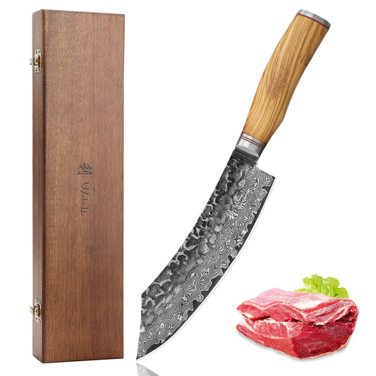 Wakoli Olive HS Damascus Knife Grill Block Knife 20 cm Blade - 67 layers of Damascus steel with hammer finish, VG10 core, olive wood handle - sharp kitchen & BBQ knife for meat, fish in elegant wooden box.