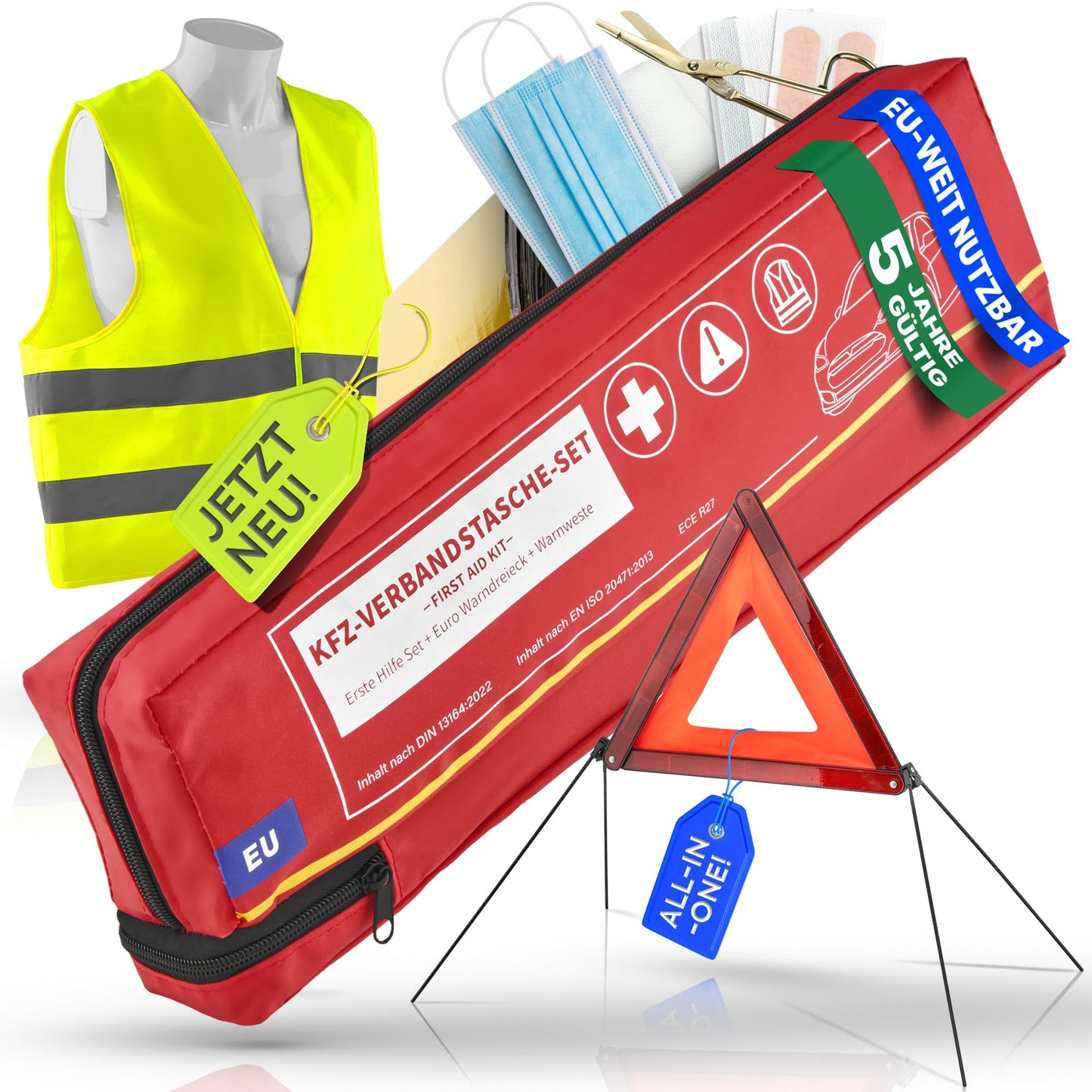 Automotive first aid kit including warning triangle & high-visibility vest until 2029 [EU-compliant] according to DIN 13164:2022. First aid kit, emergency set for car, camper, and home. 100% reliable. Smart Planet.