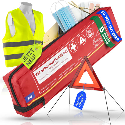 Automotive first aid kit including warning triangle & high-visibility vest until 2029 [EU-compliant] according to DIN 13164:2022. First aid kit, emergency set for car, camper, and home. 100% reliable. Smart Planet.