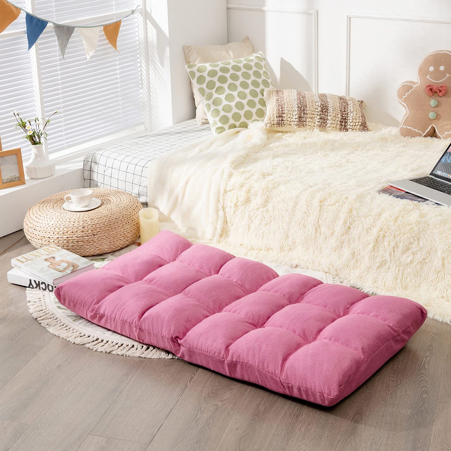 HOMASIS floor chair padded, floor armchair with Adjustable Backrest in 14 positions, reading chair meditation chair foldable for living room, study, office (linen, pink)