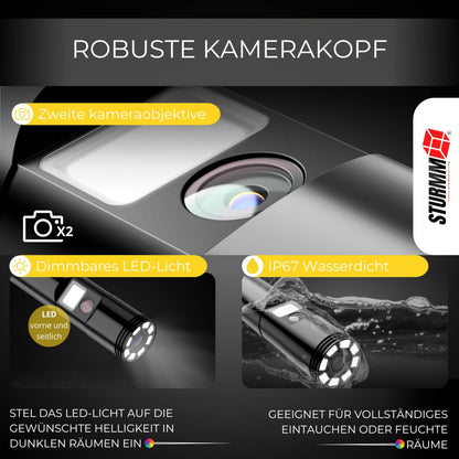 Industrial endoscope with dual camera, 10-meter cable, and 4.5-inch IPS display.