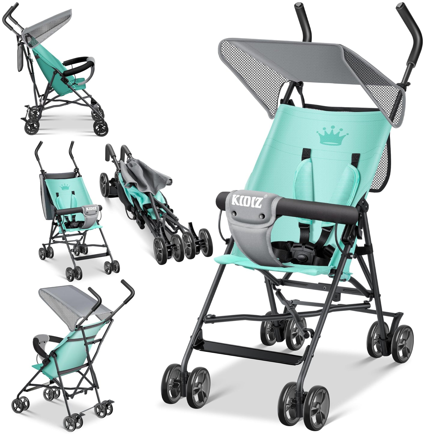 KIDIZ® City Buggy is a foldable sports stroller with 360° swivel 4-inch wheels, sun and rain covers, and a 5-point safety harness. Suitable for kids over 6 months, in mint green.