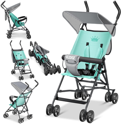 KIDIZ® City Buggy is a foldable sports stroller with 360° swivel 4-inch wheels, sun and rain covers, and a 5-point safety harness. Suitable for kids over 6 months, in mint green.