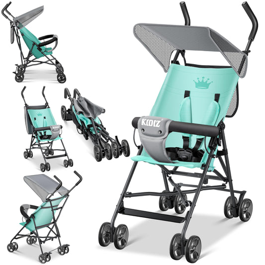 KIDIZ® City Buggy is a foldable sports stroller with 360° swivel 4-inch wheels, sun and rain covers, and a 5-point safety harness. Suitable for kids over 6 months, in mint green.